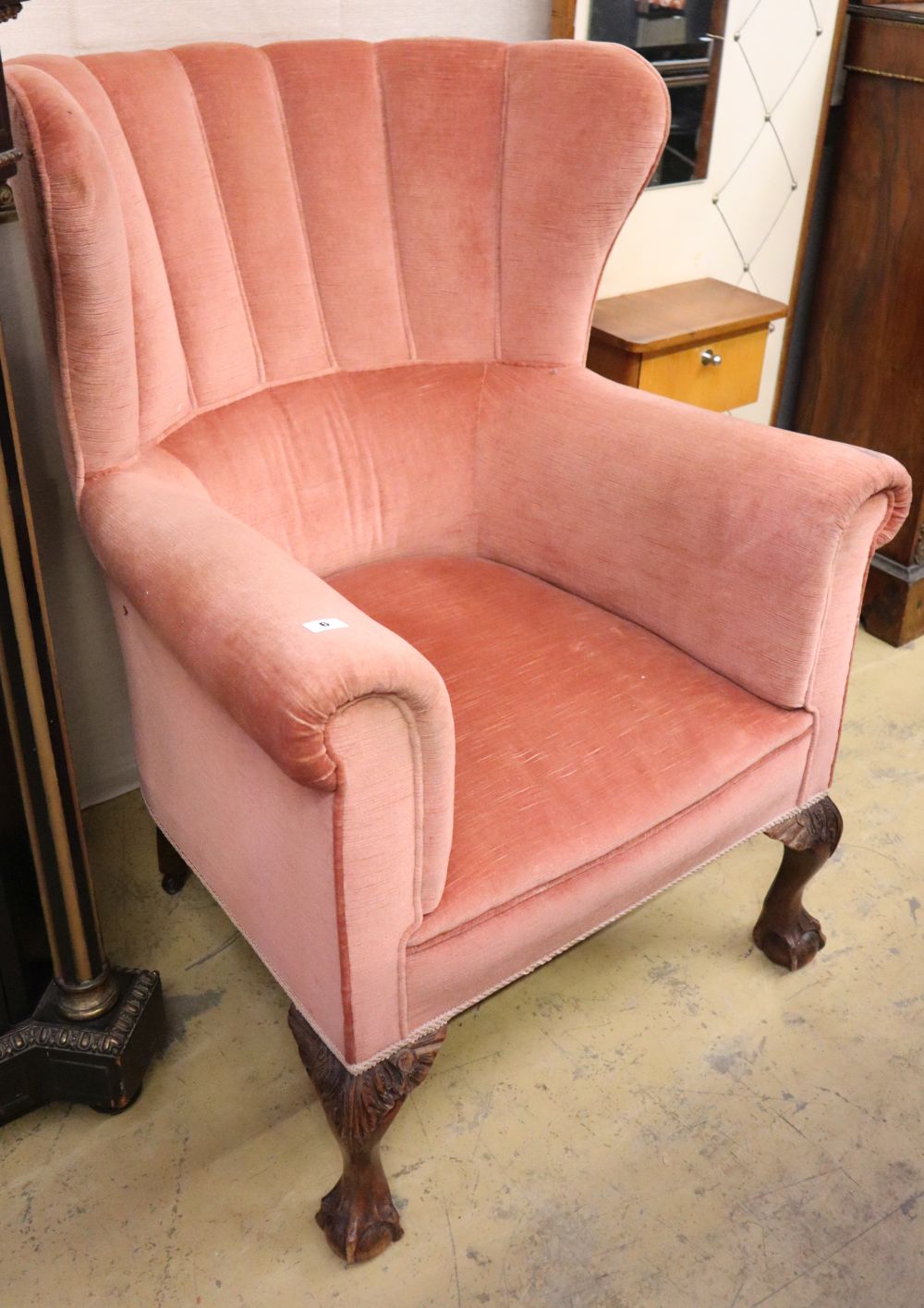 A Queen Anne style scallop back armchair with claw and ball feet, W.78cm